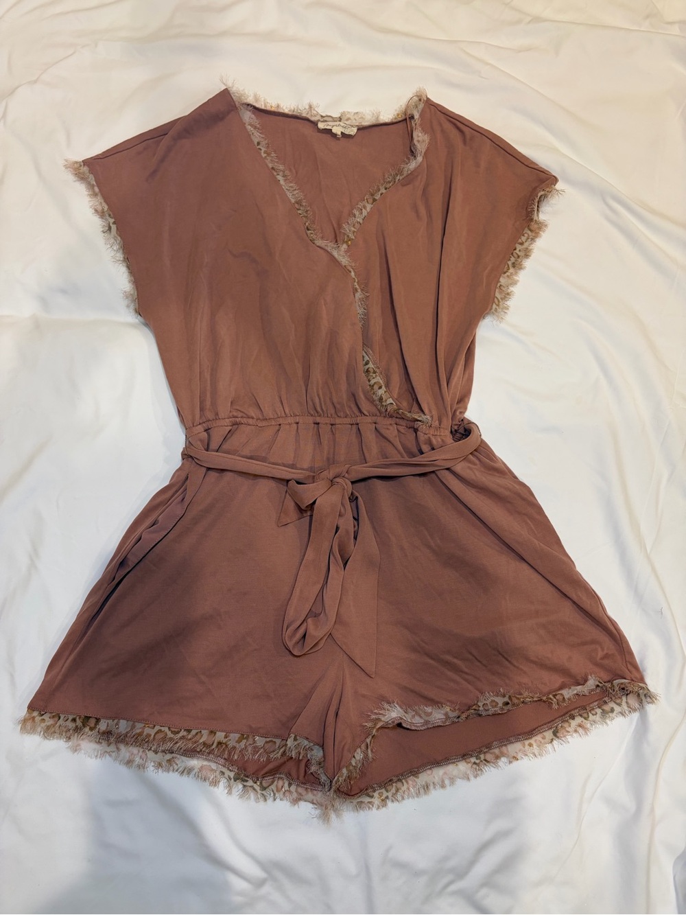 Mystree Dusty Rose Fringe Trim Short Sleeve Romper, Women’s Small/Medium